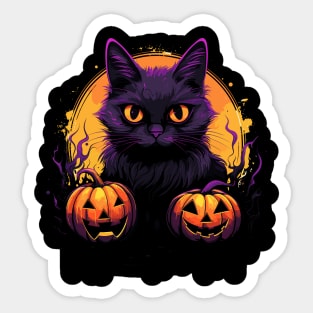 Cartoon Halloween Black Cat with Pumpkins Sticker